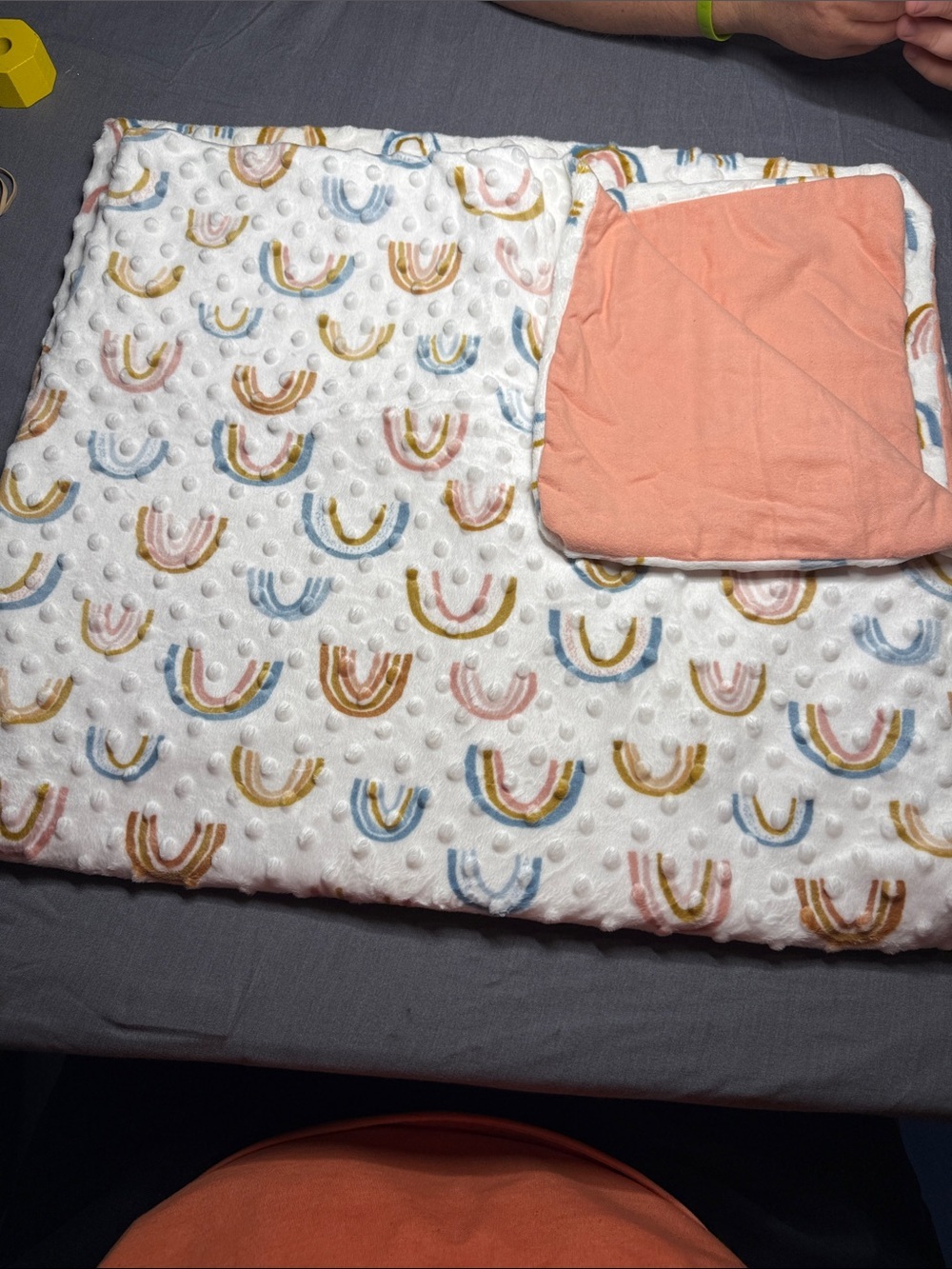 Handmade Rainbow Print Baby Blanket with Coral Reversible Side